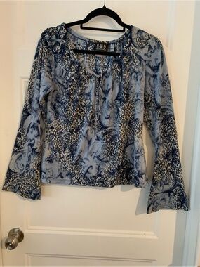 N.W.D. , women's Vintage BoHo nylon  Blue / off whitePrinted Long Sleeve blouse